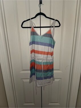 Striped Tie-Waist Spaghetti Strap Tank Dress - White Multicolor